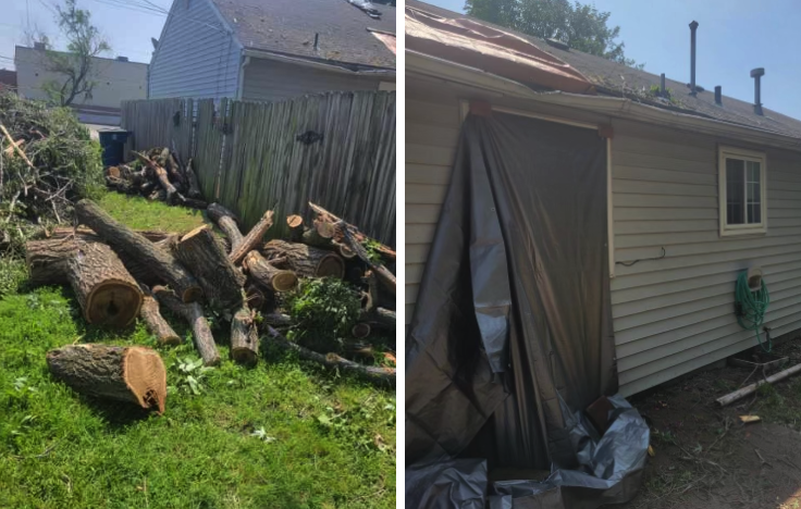 Aftermath of the storm damage. Piles of logs and a tarp over a open window in a home.